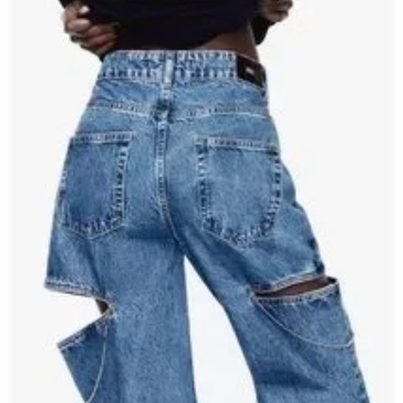 Zara MID WAIST STRAIGHT LEG CUT OUT JEWEL JEANS studded pants denim wide leg - Picture 8 of 11